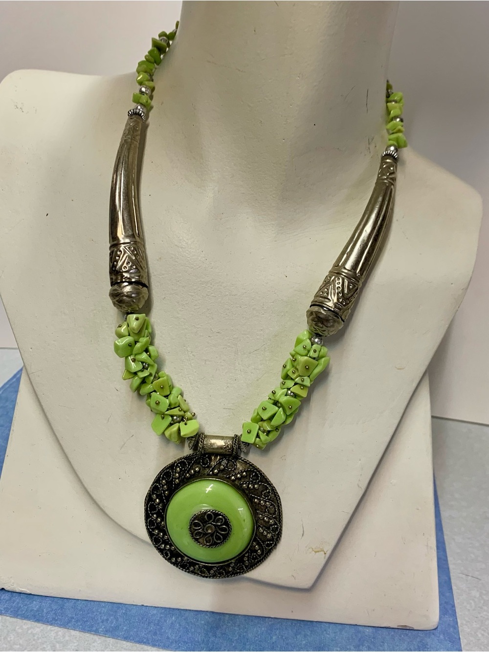 Vintage Boho Lime Green Chip Stone Tribal Statement Necklace Big Pendant